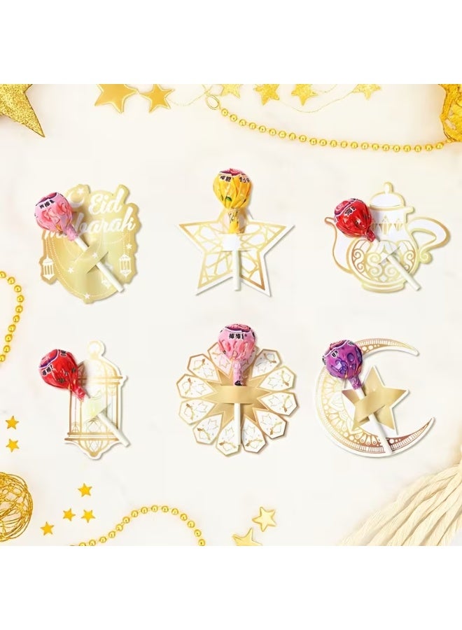 48PCS Eid Mubarak Lollipop Holder Cards – White, Green & Gold Moon Star Design Paper Candy Covers for Ramadan & Eid Al-Fitr Party Favors - Image 1